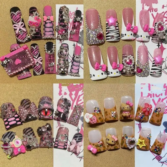 Sanrios Hello kitty French Tip Press on Nails Duck Fake Nails Hot Pink Leopard Glue on Nails Duckbill Nails Acrylic Nails Gift