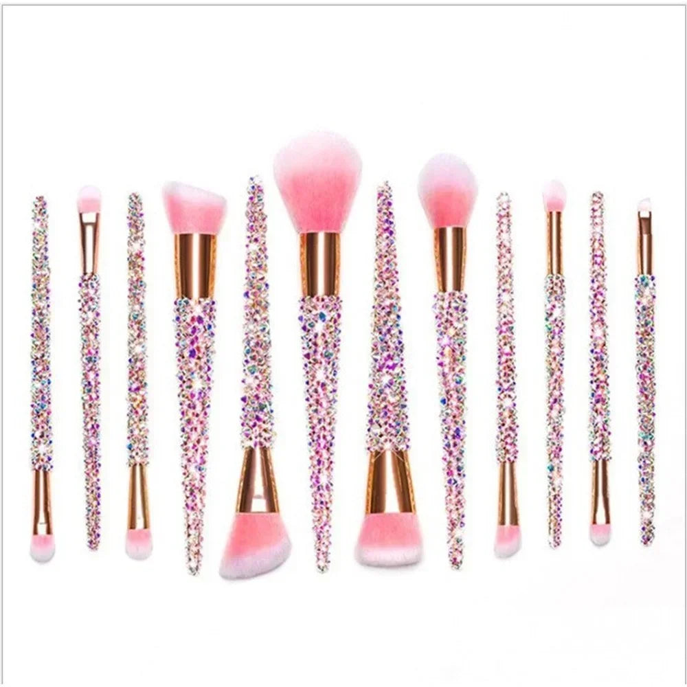 12Pcs/set Diamond-studded Makeup Brushes Gems Makeup Beauty Tools Full Diamond Loose Powder Foundation Concealer Brush Bling