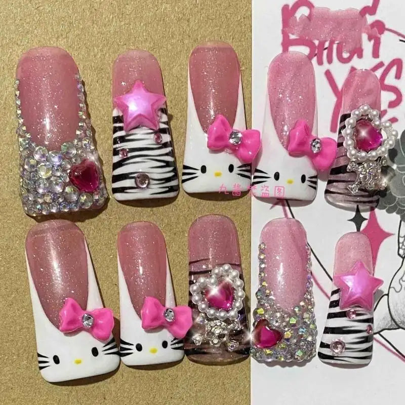 Sanrios Hello kitty French Tip Press on Nails Duck Fake Nails Hot Pink Leopard Glue on Nails Duckbill Nails Acrylic Nails Gift