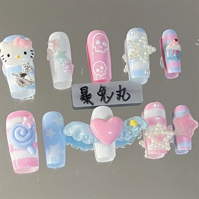 Hello Kitty Y2K Hot Girl Wearable Nail Tips Sanrio Anime Merchandise Artificial Manicure Full Cover Handmade Press On Fake Nails