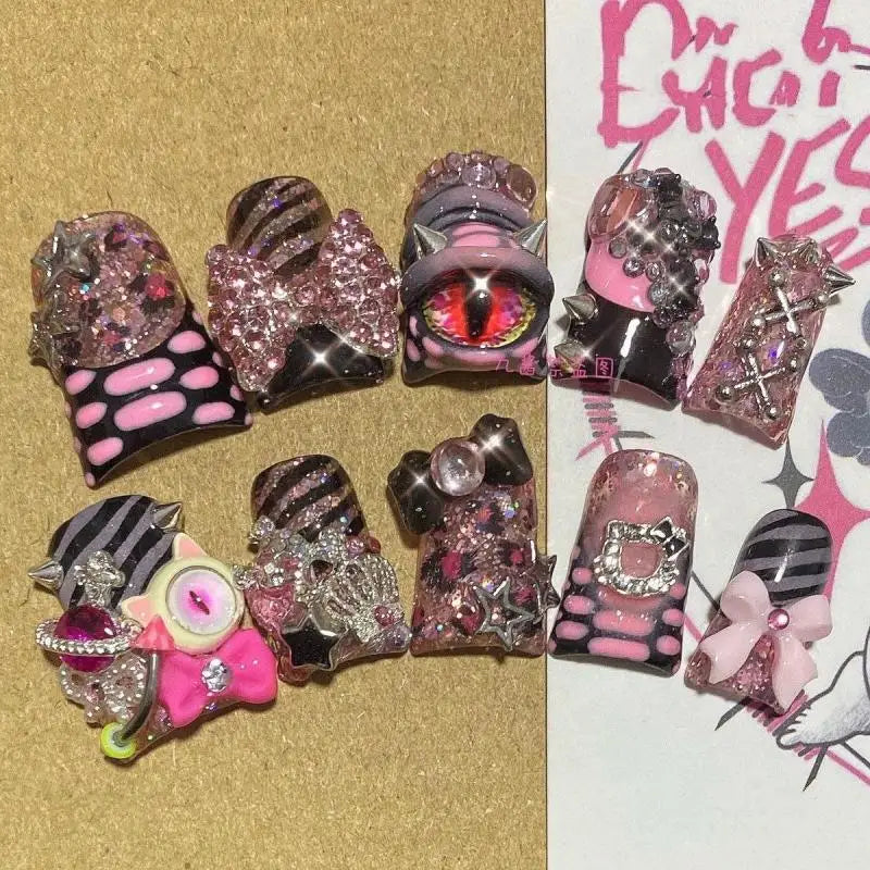 Sanrios Hello kitty French Tip Press on Nails Duck Fake Nails Hot Pink Leopard Glue on Nails Duckbill Nails Acrylic Nails Gift