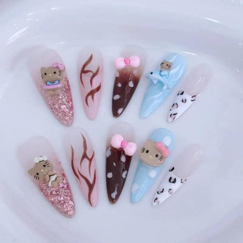 Cartoon Sanrios Hello Kitty Anime Y2K Europe and America Handmade Press On Nails Long Tips Nails Design Manicure Girls Gift