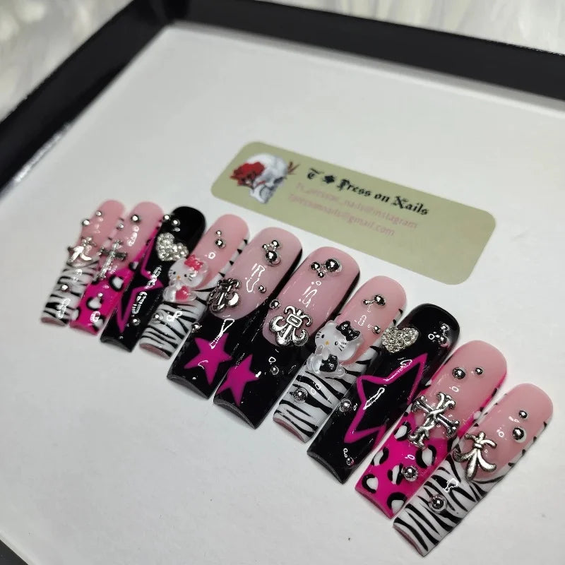 Sanrios Hello Kitty Anime Star Y2K Europe and America Handmade Press On Nails Long Tips Nails Design Manicure Girls Gift