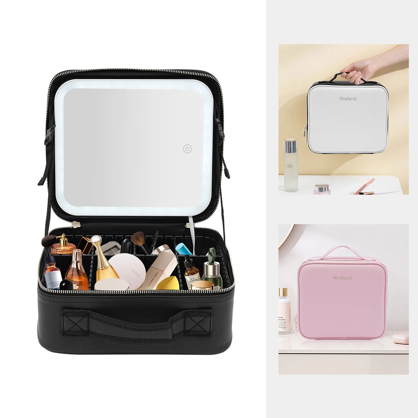 Travel Makeup Bag with LED Mirror 3 Color Scenarios Adjustable Brightness Large Cosmetic Organizer Storage Adjustable Dividers W