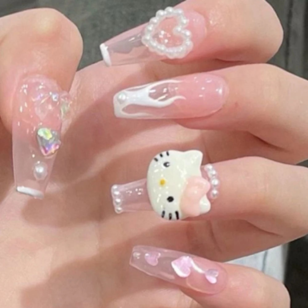 24Pcs Sanrio Hello Kitty Y2K Nail Tips Apparel Press On Nails 3D Cartoon Detachable Manicure Anime Decoration Spice Girls Gift