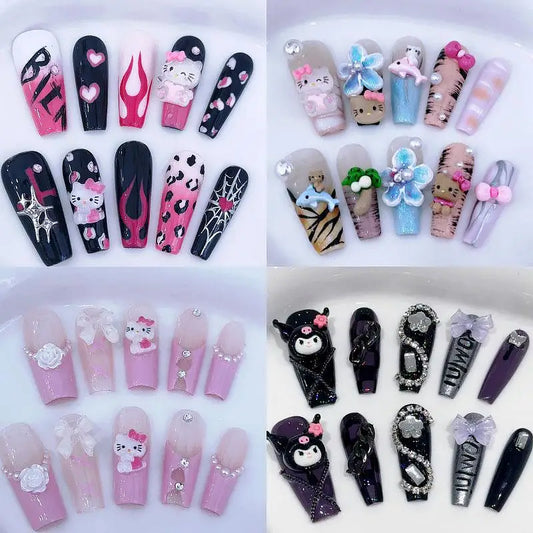 Cartoon Sanrios Hello Kitty Anime Y2K Europe and America Handmade Press On Nails Long Tips Nails Design Manicure Girls Gift