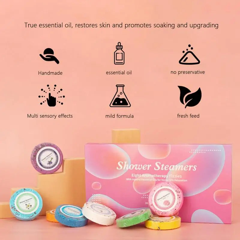 Shower Steamers 8pcs Organic Natural Essential Oils Slimming Bath Bombs Foot Soak Relaxation Tablets Dispenser Accessories