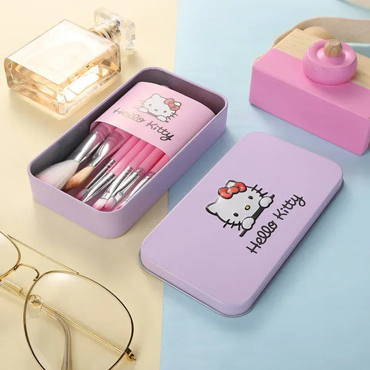 Hot Selling Sanrio Cute Hello Kitty Makeup Brush Box Essential Makeup Iron Box PU Bag 7 Pcs Makeup Tool Brush Wholesale Gift